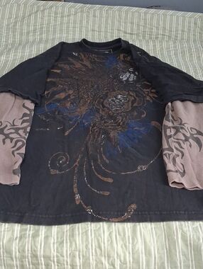 Black Layered-Look Graphic Long Sleeve Tee with Brown Tribal Sleeves